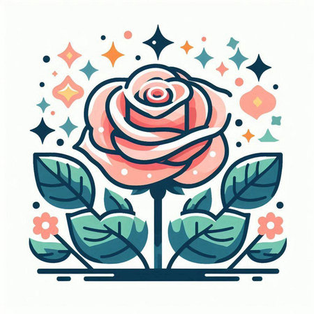 Vector illustration of a rose with floral ornament and stars on white background.のイラスト素材