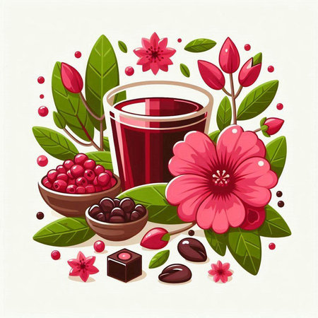 Cup of tea with red berries and flowers. Vector illustration.のイラスト素材
