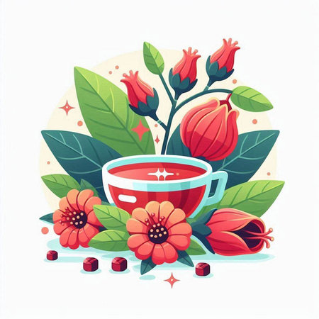Cup of tea with flowers, leaves and berries. Vector illustration.のイラスト素材