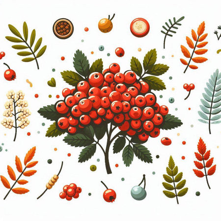 Seamless pattern with rowan berries and leaves. Vector illustration.のイラスト素材