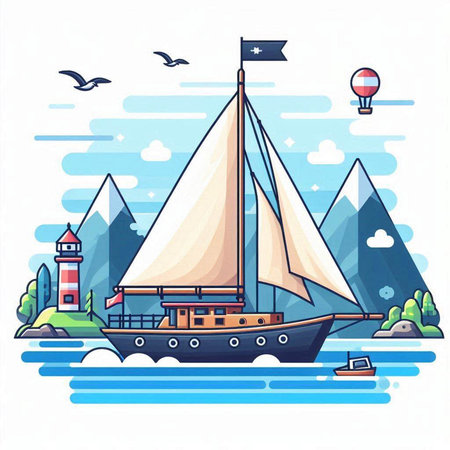 Sailing ship on the sea. Vector illustration in flat style.のイラスト素材