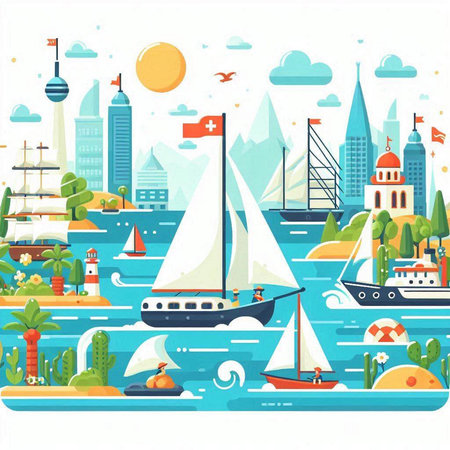 Sailing boats and yachts in the sea. Vector illustrationのイラスト素材