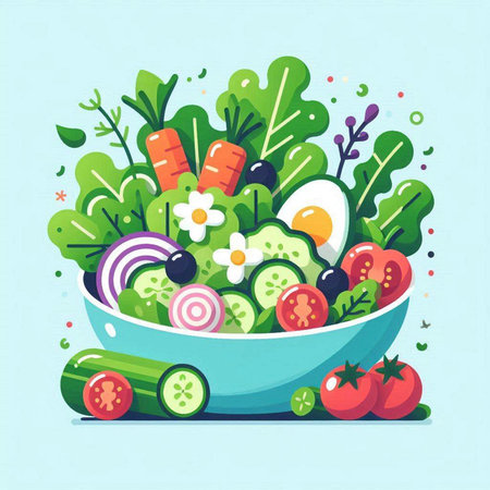 Fresh vegetable salad in a bowl. Vector illustration in flat style.のイラスト素材