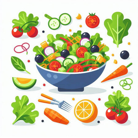 Vegetable salad in a bowl. Healthy food. Vector illustrationのイラスト素材