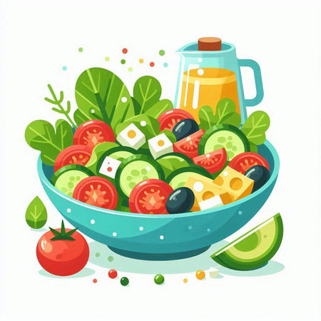 Vegetable salad with feta cheese, tomato, olives and herbs in a bowl. Vector illustration.のイラスト素材
