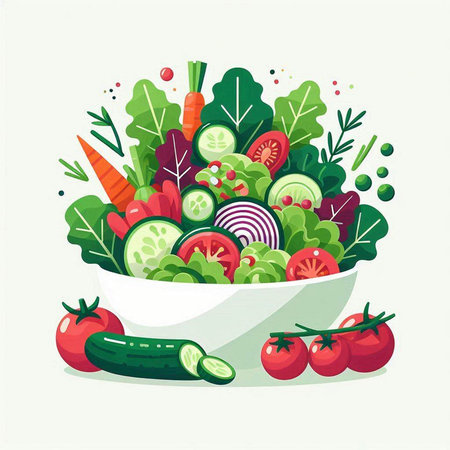 Vegetable salad in bowl. Vector illustration in flat style.のイラスト素材