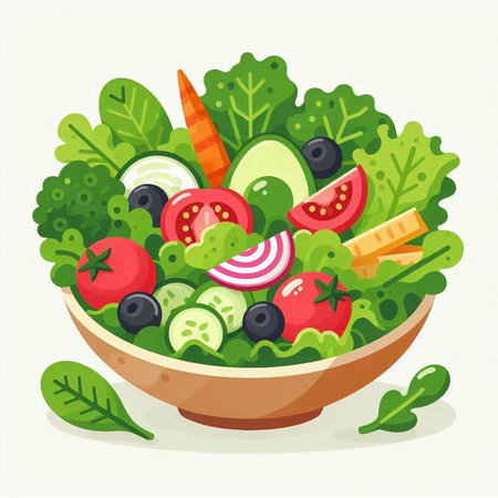 Vegetable salad in bowl. Healthy food. Vector illustration.のイラスト素材