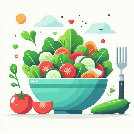Vegetable salad in a bowl. Vector illustration in flat style.のイラスト素材