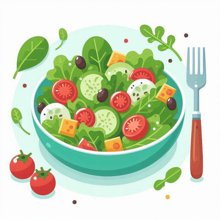 Salad with tomato, mozzarella and olives in a bowl. Vector illustrationのイラスト素材