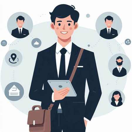 Businessman with tablet and social media icons. Vector illustration in flat styleのイラスト素材