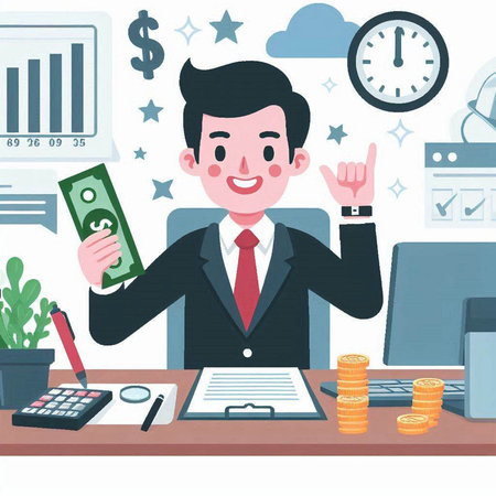 Businessman sitting at the desk and counting money. Vector illustration.のイラスト素材