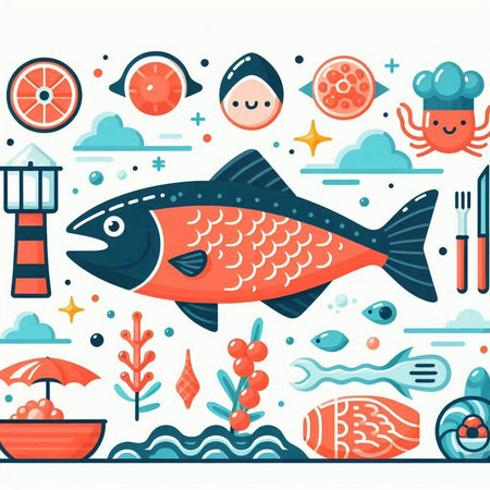 Seamless pattern with fish and seafood. Vector illustration in flat styleのイラスト素材