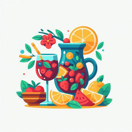Vector illustration of a glass of sangria with fruits and berries.のイラスト素材