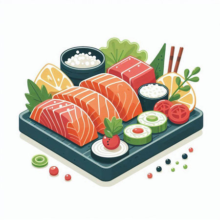 Japanese food vector illustration in flat style. Sushi with salmon, avocado, cucumber, tomato, wasabi, soy sauce.のイラスト素材