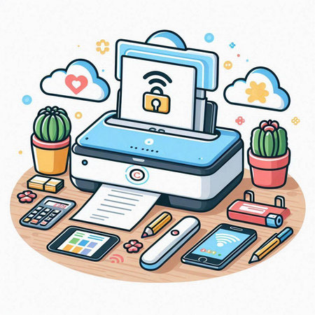 Vector illustration of a printer, smartphone, tablet and other devices.のイラスト素材