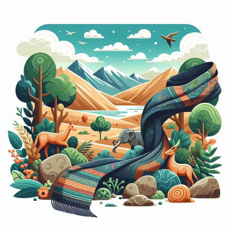 Scandinavian landscape with mountains, trees and animals. Vector illustrationのイラスト素材