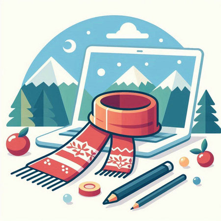 Laptop with red ribbon on the background of mountains. Vector illustrationのイラスト素材