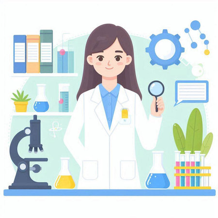 Scientist woman working in laboratory. Vector illustration in flat style.のイラスト素材