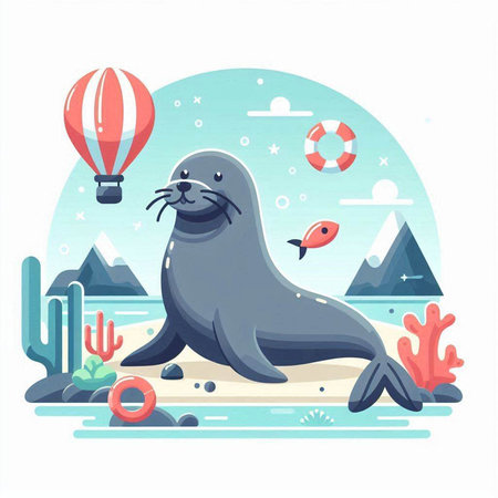 Sea lion on the seashore. Vector illustration in flat styleのイラスト素材
