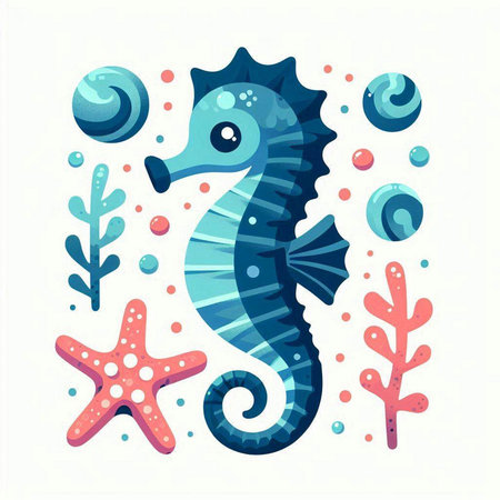 Sea horse, starfish, seaweed and shells. Vector illustrationのイラスト素材