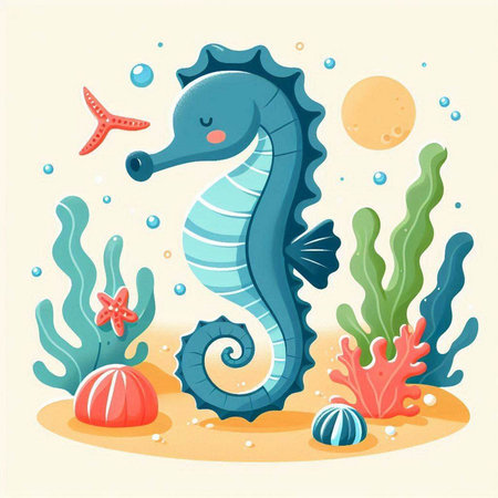 Sea horse in the ocean. Underwater world. Vector illustration.のイラスト素材