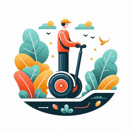 Man driving electric scooter in the park. Flat vector illustration.のイラスト素材