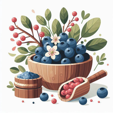 Blueberries in wooden bowl with berries, berries and leaves. Vector illustration.のイラスト素材