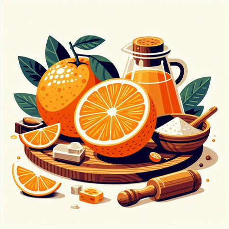 Orange fruit with drops of juice on a white background, vector illustrationのイラスト素材
