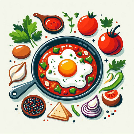 Fried egg in a frying pan with vegetables and spices. Vector illustration.のイラスト素材