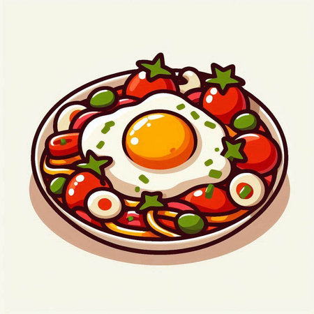Fried egg with tomato and onion on plate. Vector illustration.のイラスト素材