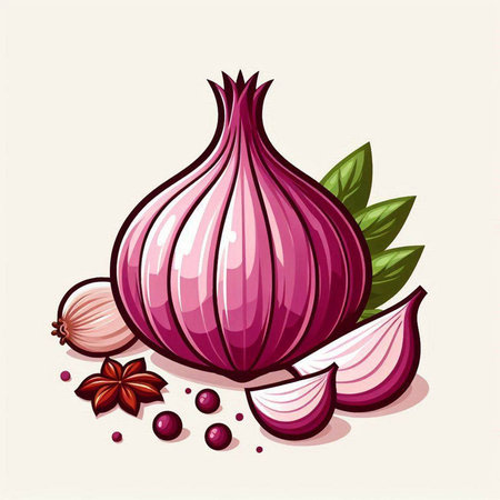 Illustration of a red onion with spices and herbs on a white backgroundのイラスト素材