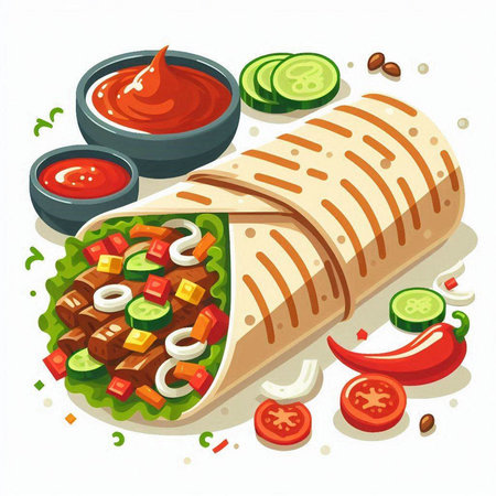 Mexican burrito with meat, vegetables and sauce. Vector illustrationのイラスト素材