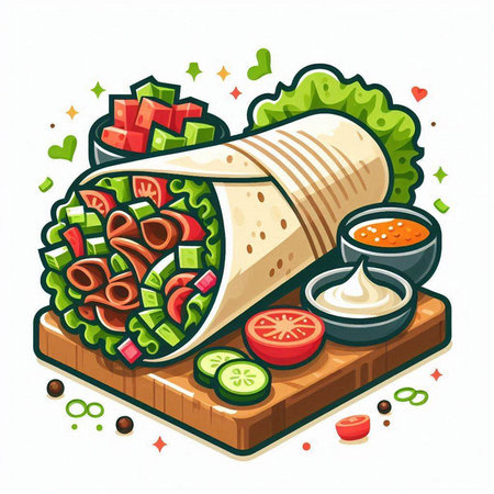 Tortilla wrap with meat, vegetables and sauce. Vector illustration.のイラスト素材