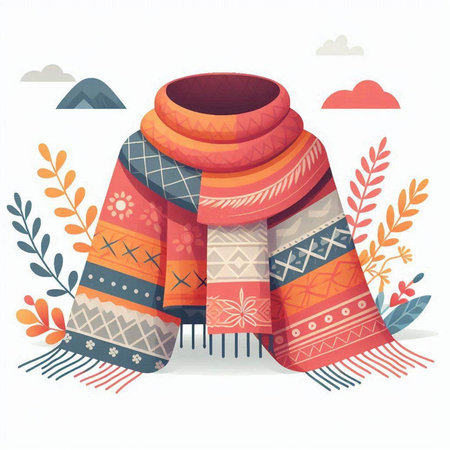 Vector illustration of warm scarf on the background of mountains and clouds.のイラスト素材