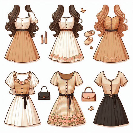 Set of beautiful vintage women's dresses and accessories. Vector illustration.のイラスト素材