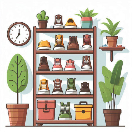 Illustration of a shelf with different shoes and accessories. Vector illustration.のイラスト素材