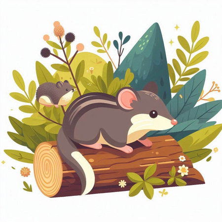 Cute cartoon mouse on a log in the forest. Vector illustration.のイラスト素材