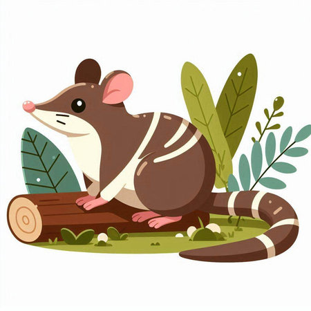 Cute mouse on a log in the garden. Vector illustration.のイラスト素材