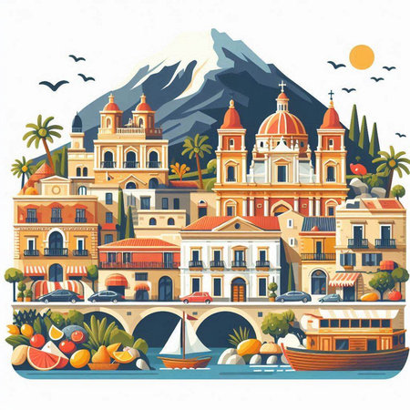 Cityscape of Cefalu, Sicily, Italy. Vector illustrationのイラスト素材