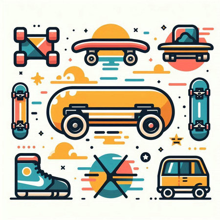 Flat line icons set with skateboard, bus, skateboard, skateboard and other elementsのイラスト素材