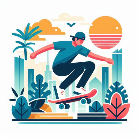 Skateboarder riding on skateboard. Vector illustration in flat style.のイラスト素材