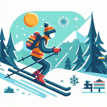 Vector illustration of a man skiing in the mountains. Winter holidays.のイラスト素材