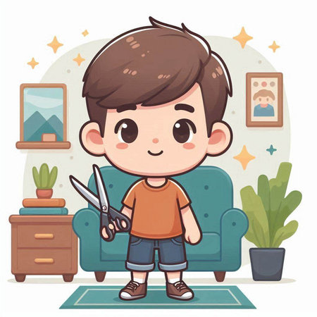 Little boy with scissors at home. Cute cartoon vector illustration.のイラスト素材