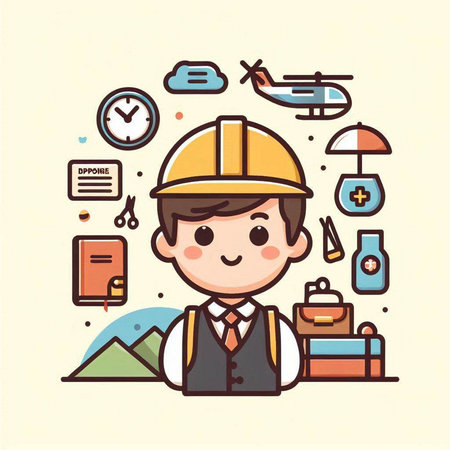 Illustration of a young man working at the office. Vector illustrationのイラスト素材