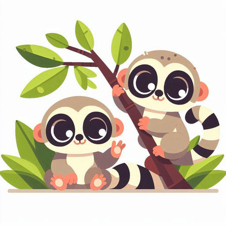 Two cute lemurs sitting on the tree. Vector illustration.のイラスト素材