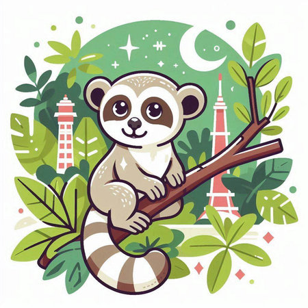 Cute cartoon lemur sitting on the tree branch. Vector illustration.のイラスト素材