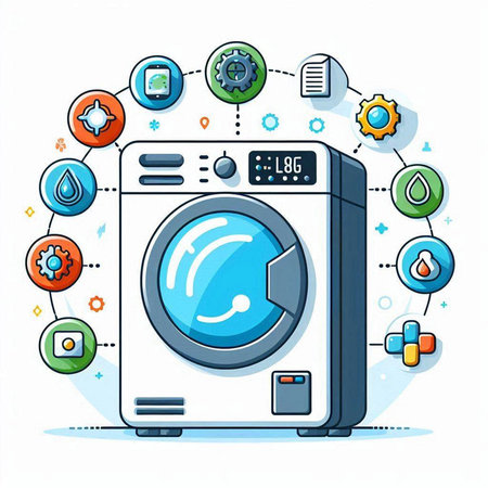 Washing machine with various icons. Vector illustration in line art style.のイラスト素材