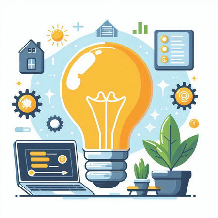Laptop and lightbulb on white background. Vector illustration.のイラスト素材