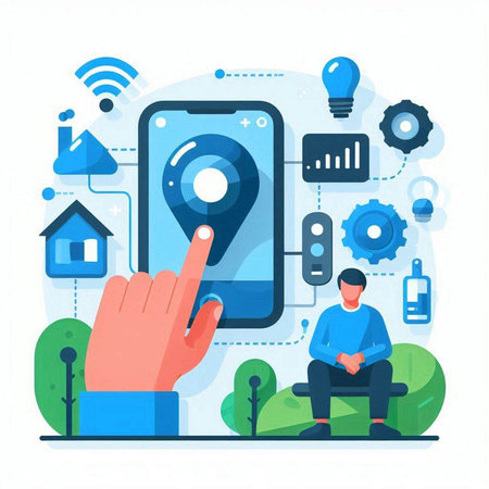 Smartphone with location pin on screen and human hand. Flat vector illustration.のイラスト素材