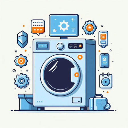 Laundry service flat line vector illustration. Washing machine with equipment.のイラスト素材